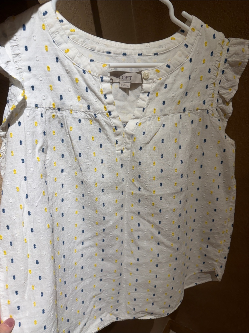LOFT White Blouse with Yellow & Navy Dot Print